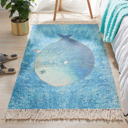 Blue Nursery Rug Kids Animal Fish Pattern Area Rug Cotton and Linen Washable Carpet with Fringe - Clearhalo - 'Area Rug' - 'Rug' - 1693318