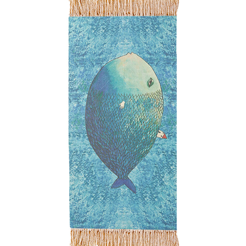 Blue Nursery Rug Kids Animal Fish Pattern Area Rug Cotton and Linen Washable Carpet with Fringe - Clearhalo - 'Area Rug' - 'Rug' - 1693319