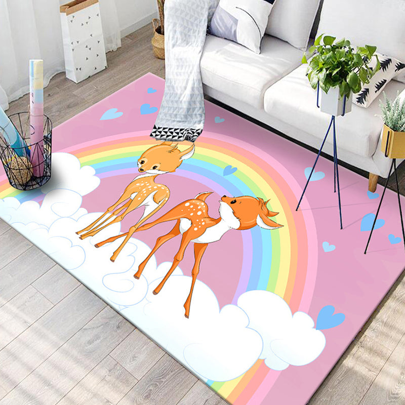 Black and Blue Nursery Rug Kids Animal Butterfly Deer Whale Pattern Area Rug Polyester Machine Washable Carpet - Pink - Clearhalo - 'Area Rug' - 'Rug' - 1693494