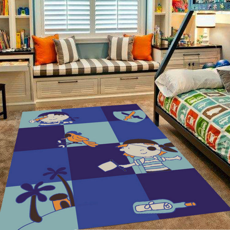 Pink and Blue Nursery Rug Kids Animal Bird Elephant Giraffe Pattern Area Rug Polyester Non-Slip Carpet - Dark Blue - Clearhalo - 'Area Rug' - 'Rug' - 1693508