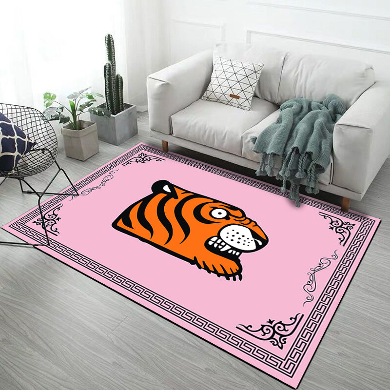 Kids Child's Room Rug in Black and Pink Animal Tiger Elephant Pig Print Rug Polyester Stain-Resistant Area Rug - Pink - Clearhalo - 'Area Rug' - 'Rug' - 1693548
