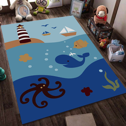 Blue and Black Nursery Rug Kids Fairy Tales Whale Ocean Pencil Pattern Area Rug Polyester Washable Carpet - Dark Blue - Clearhalo - 'Area Rug' - 'Rug' - 1693555