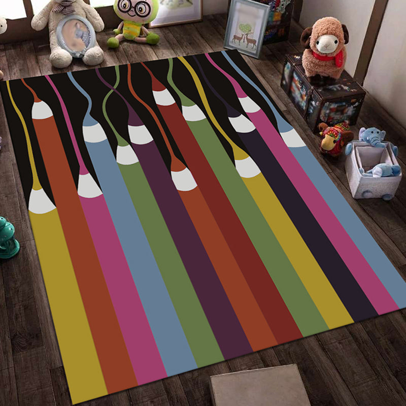 Blue and Black Nursery Rug Kids Fairy Tales Whale Ocean Pencil Pattern Area Rug Polyester Washable Carpet - Black - Clearhalo - 'Area Rug' - 'Rug' - 1693561