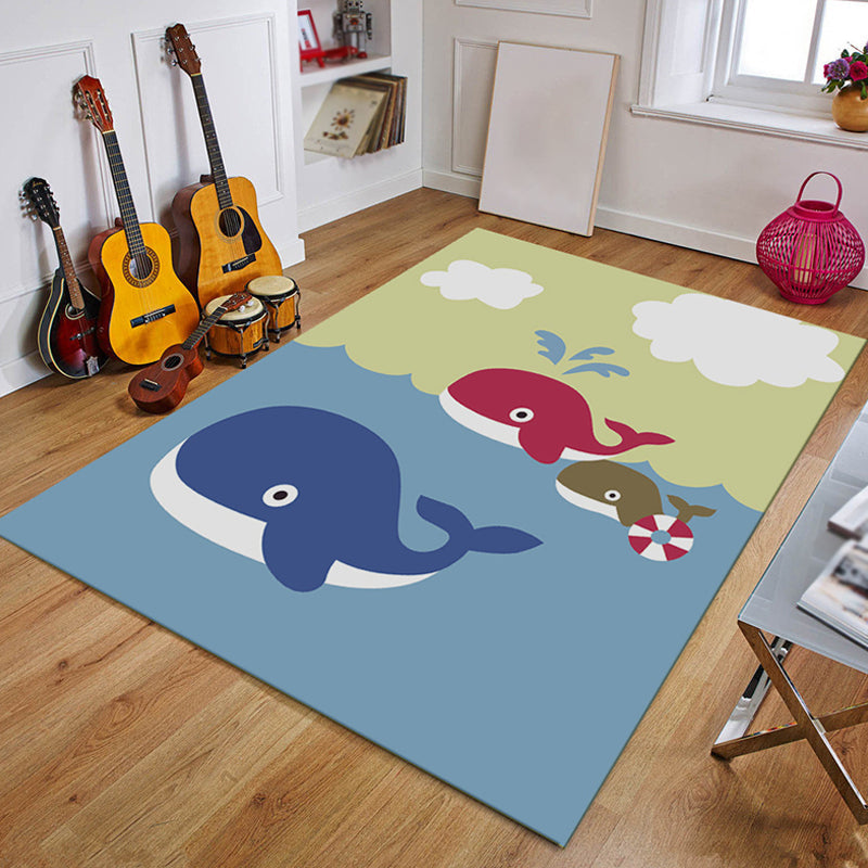 Blue and Black Nursery Rug Kids Fairy Tales Whale Ocean Pencil Pattern Area Rug Polyester Washable Carpet - Blue - Clearhalo - 'Area Rug' - 'Rug' - 1693563