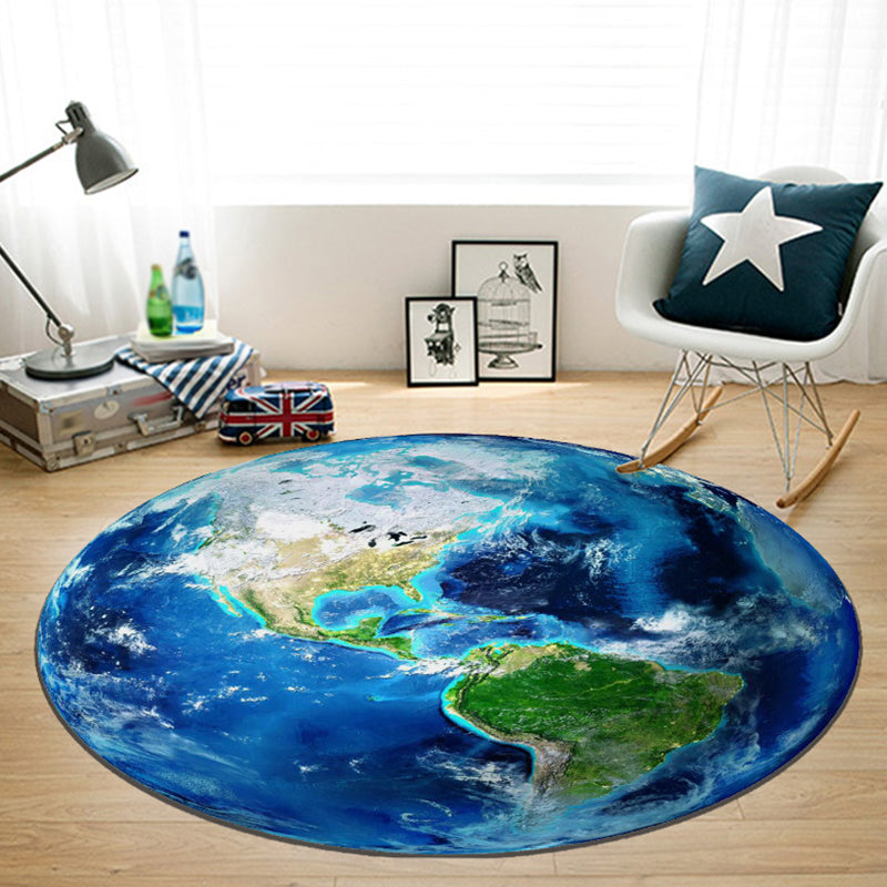 Blue Nursery Rug Kids Outer Space Planet Galaxy Plane Pattern Area Rug Polyester Anti-Slip Carpet - Dark Blue - Clearhalo - 'Area Rug' - 'Rug' - 1693564