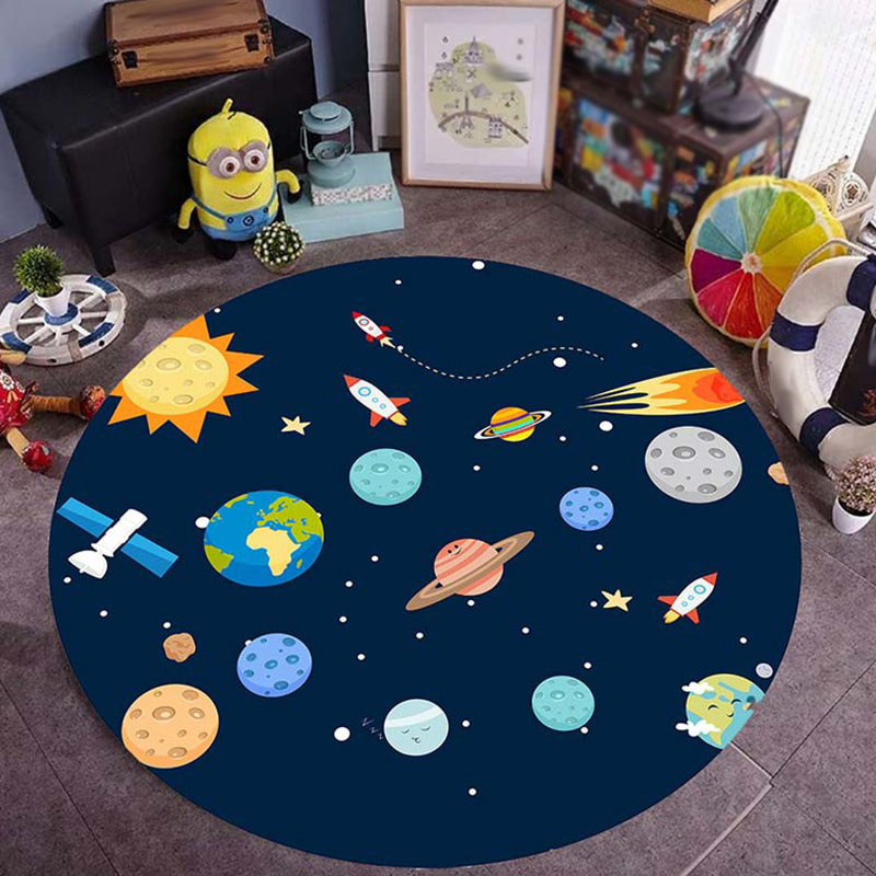 Blue Nursery Rug Kids Outer Space Planet Galaxy Plane Pattern Area Rug Polyester Anti-Slip Carpet - Black - Clearhalo - 'Area Rug' - 'Rug' - 1693570