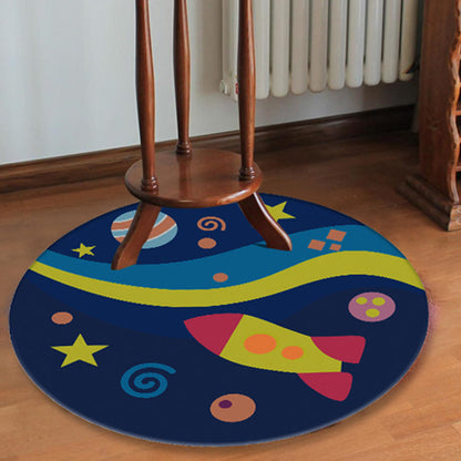 Blue Nursery Rug Kids Outer Space Planet Galaxy Plane Pattern Area Rug Polyester Anti-Slip Carpet - Navy - Clearhalo - 'Area Rug' - 'Rug' - 1693571