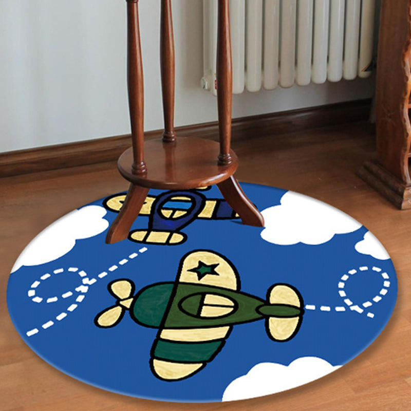 Blue Nursery Rug Kids Outer Space Planet Galaxy Plane Pattern Area Rug Polyester Anti-Slip Carpet - Blue - Clearhalo - 'Area Rug' - 'Rug' - 1693572