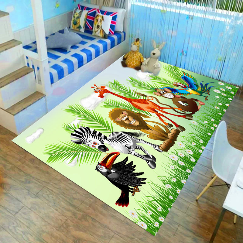 Kids Child's Room Rug in Brown and Green Animal Lion Elephant Deer Print Rug Polyester Non-Slip Area Rug - Green - Clearhalo - 'Area Rug' - 'Rug' - 1693976