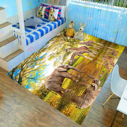 Kids Child's Room Rug in Brown and Green Animal Lion Elephant Deer Print Rug Polyester Non-Slip Area Rug - Dark Brown - Clearhalo - 'Area Rug' - 'Rug' - 1693977