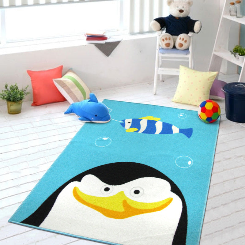 Cute Kids Rug in Green and Blue Animal Lion Panda Penguin Pattern Rug Polyester Anti-Slip Carpet for Children's Room