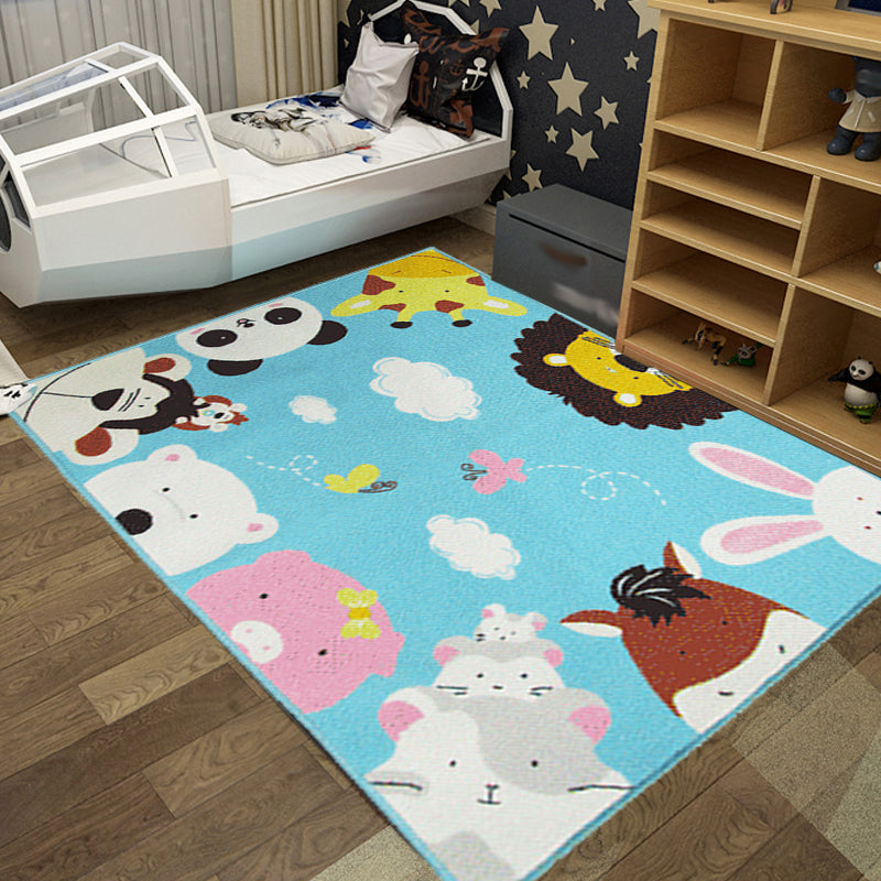 Cute Kids Rug in Green and Blue Animal Lion Panda Penguin Pattern Rug Polyester Anti-Slip Carpet for Children'