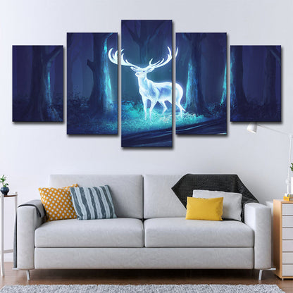 Mysterious Forest Deer Canvas Wall Art for Children Bedroom, Blue-White, Multi-Piece Clearhalo 'Art Gallery' 'Canvas Art' 'Kids' Arts' 1695986