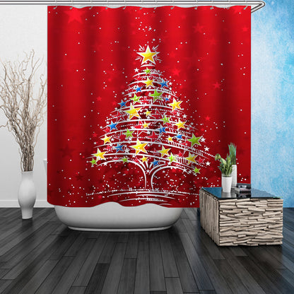 Feblilac Red Christmas Tree Shower Curtain with Hooks - Feblilac® Mat