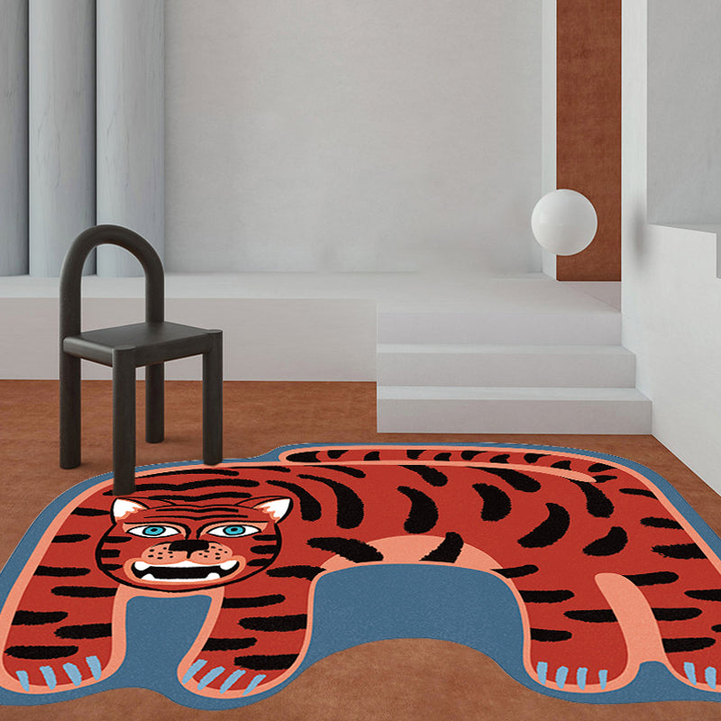 Kids Irregular Bedroom Rug in Red and Brown Animal Tiger Lion Leopard Print Rug Polyester Non-Slip Backing Area Rug - Red - Clearhalo - 'Area Rug' - 'Rug' - 1715309