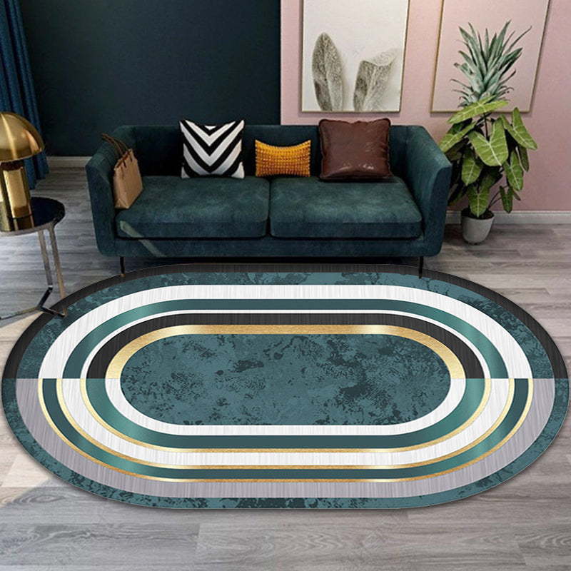 Novelty Living Room Rug in Green Color Block Oval Print Rug Polyester Machine Washable Area Rug