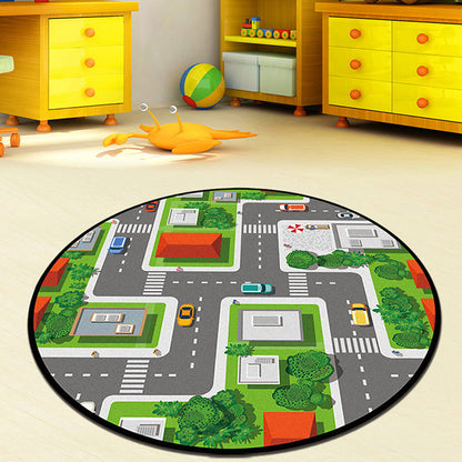 Grey and Green Kids Rug Polyester Road Pattern Rug Pet Friendly Washable Anti-Slip Backing Carpet for Decoration