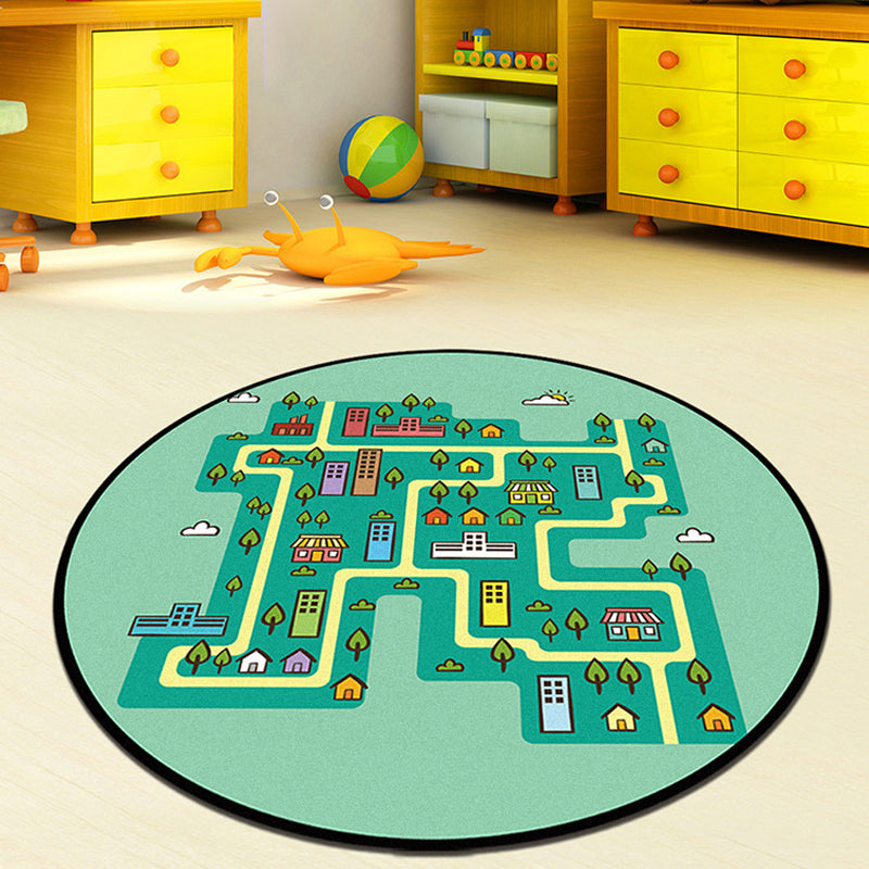 Grey and Green Kids Rug Polyester Road Pattern Rug Pet Friendly Washable Anti-Slip Backing Carpet for Decoration