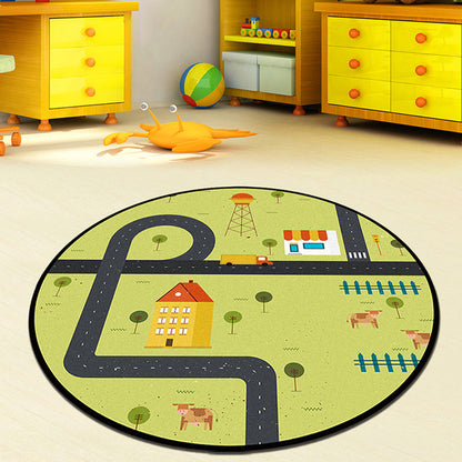 Grey and Green Kids Rug Polyester Road Pattern Rug Pet Friendly Washable Anti-Slip Backing Carpet for Decoration