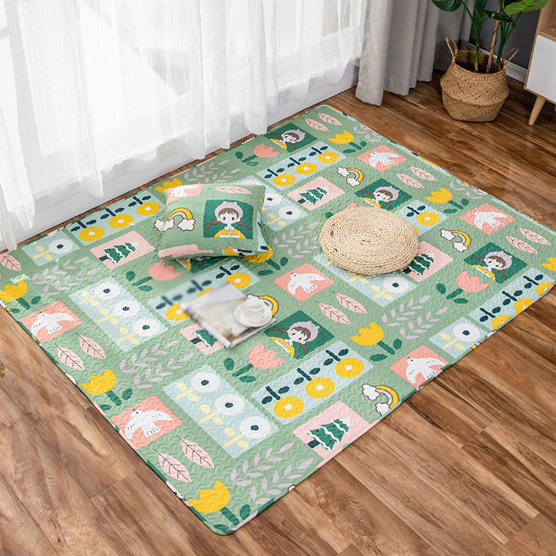 Kids Floral Pattern Rug with Character Beige and Green Cotton Rug Washable Pet Friendly Non-Slip Area Rug for Child's Bedroom - Light Green - Clearhalo - 'Area Rug' - 'Rug' - 1716272