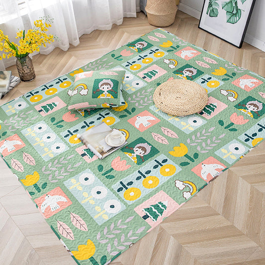 Kids Floral Pattern Rug with Character Beige and Green Cotton Rug Washable Pet Friendly Non-Slip Area Rug for Child's Bedroom - Clearhalo - 'Area Rug' - 'Rug' - 1716273