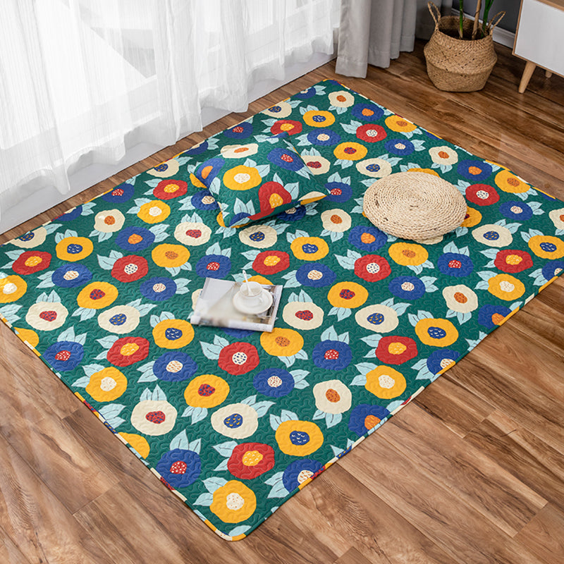 Kids Floral Pattern Rug with Character Beige and Green Cotton Rug Washable Pet Friendly Non-Slip Area Rug for Child's Bedroom - Green - Clearhalo - 'Area Rug' - 'Rug' - 1716278