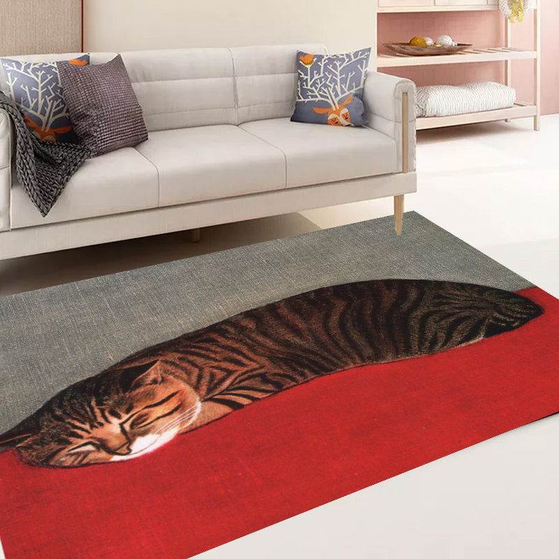 Novelty Cat Pattern Rug Red and Black Polyester Washable Pet Friendly Area Rug for Decoration