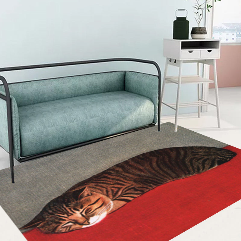 Novelty Cat Pattern Rug Red and Black Polyester Washable Pet Friendly Area Rug for Decoration - view 4