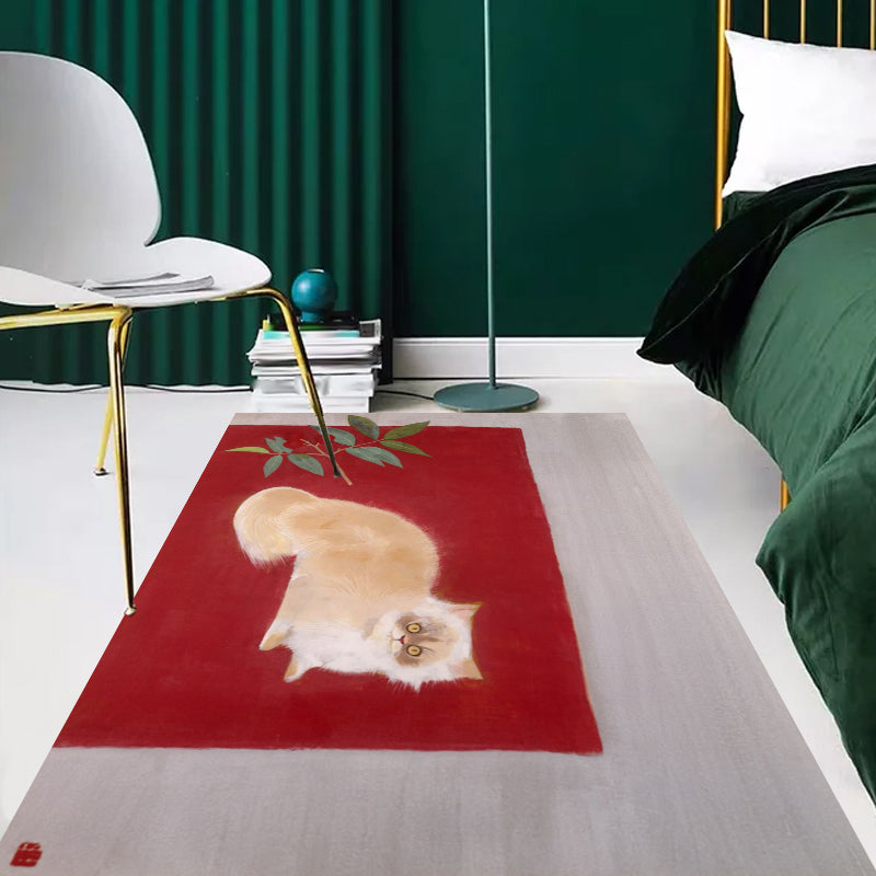 Novelty Cat Pattern Rug Red and Black Polyester Washable Pet Friendly Area Rug for Decoration - view 16