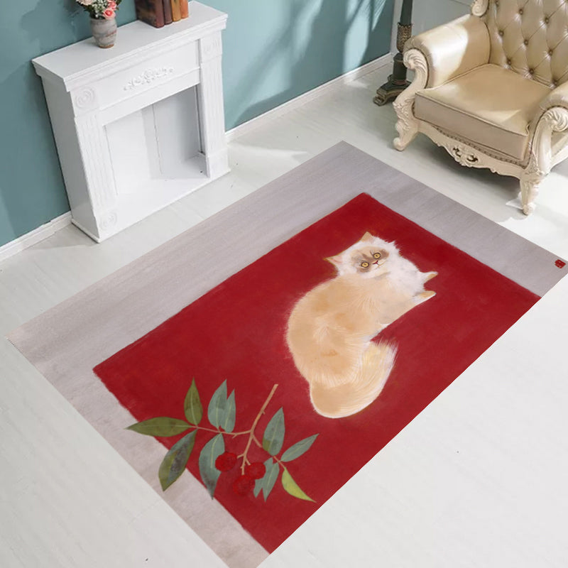 Novelty Cat Pattern Rug Red and Black Polyester Washable Pet Friendly Area Rug for Decoration