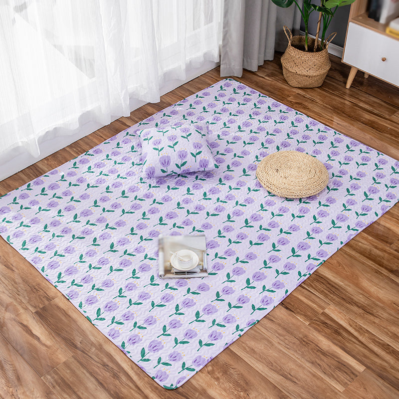 Green and Purple Kids Rug Cotton Flower Rug Pet Friendly Washable Anti-Slip Backing Carpet for Decoration