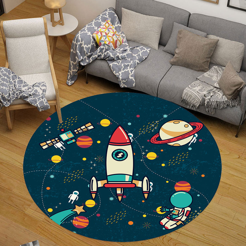 Kids Outer Space Pattern Rug Black and Blue Polyester Rug Washable Pet Friendly Non-Slip Area Rug for Child's Bedroom - Navy - Clearhalo - 'Area Rug' - 'Rug' - 1716693