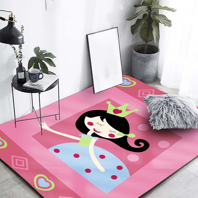 Cute Cartoon Character Pattern Rug Pink Kids Rug Polyester Washable Pet Friendly Anti-Slip Carpet for Children's Room