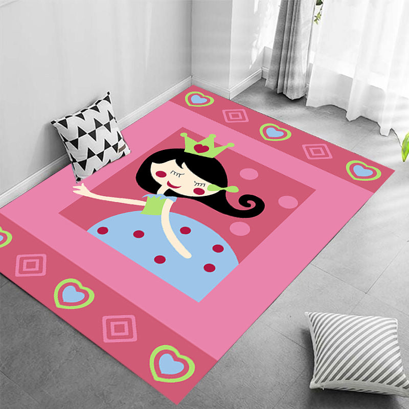 Cute Cartoon Character Pattern Rug Pink Kids Rug Polyester Washable Pet Friendly Anti-Slip Carpet for Children's Room