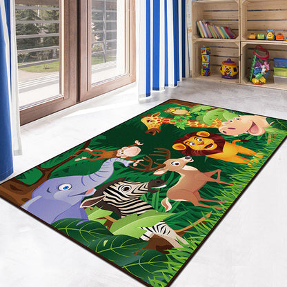 Green and Blue Kids Rug Polyester Animal and Insect Pattern Rug Pet Friendly Washable Anti-Slip Backing Carpet for Decoration