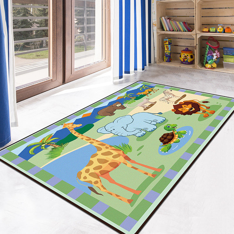 Green and Blue Kids Rug Polyester Animal and Insect Pattern Rug Pet Friendly Washable Anti-Slip Backing Carpet for Decoration