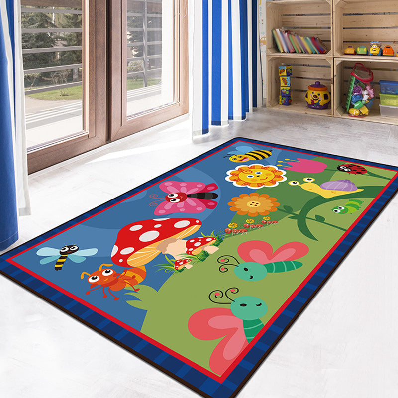 Green and Blue Kids Rug Polyester Animal and Insect Pattern Rug Pet Friendly Washable Anti-Slip Backing Carpet for Decoration