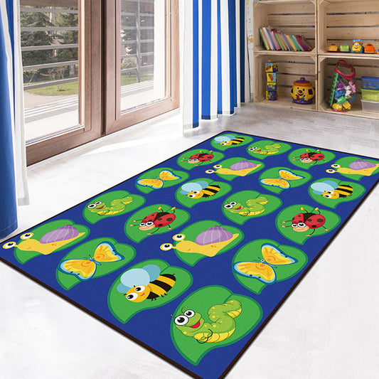 Green and Blue Kids Rug Polyester Animal and Insect Pattern Rug Pet Friendly Washable Anti-Slip Backing Carpet for Decoration