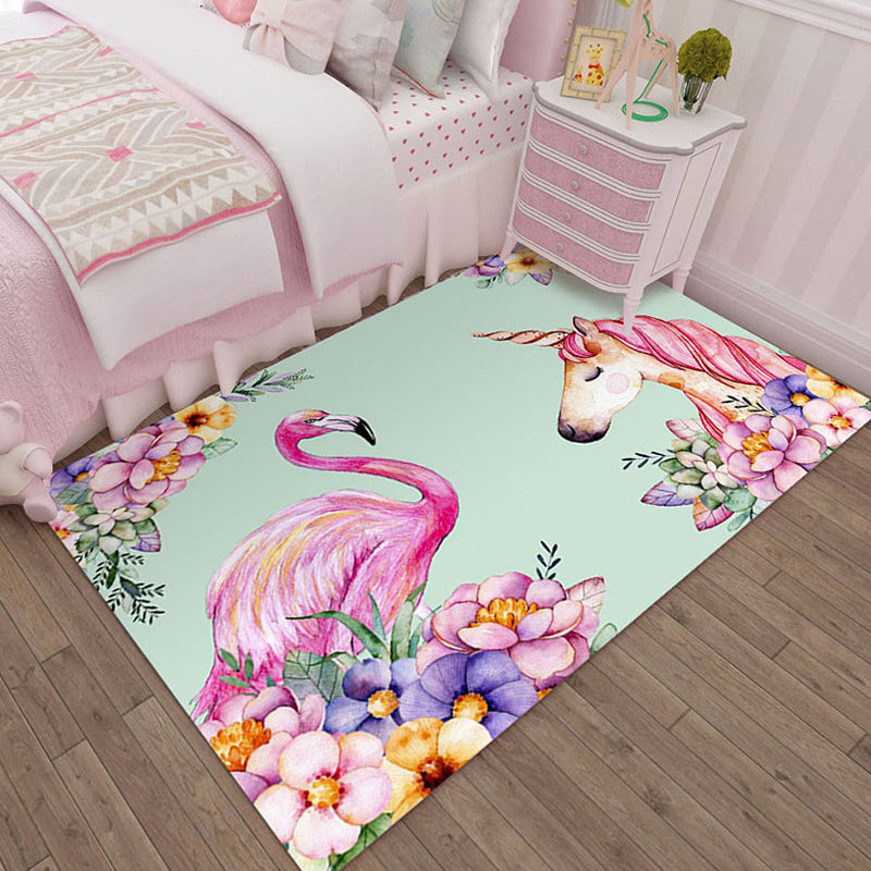 Colorful Cartoon Animal Pattern Rug Pink and Blue Kids Rug Polyester Pet Friendly Washable Non-Slip Backing Area Rug for Nursery