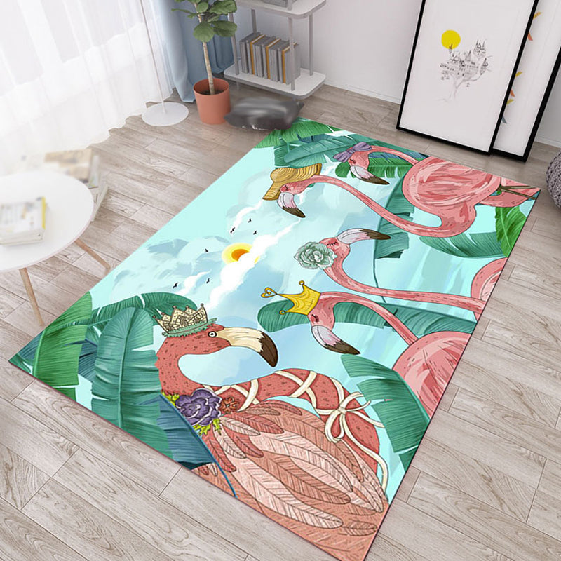 Colorful Cartoon Animal Pattern Rug Pink and Blue Kids Rug Polyester Pet Friendly Washable Non-Slip Backing Area Rug for Nursery