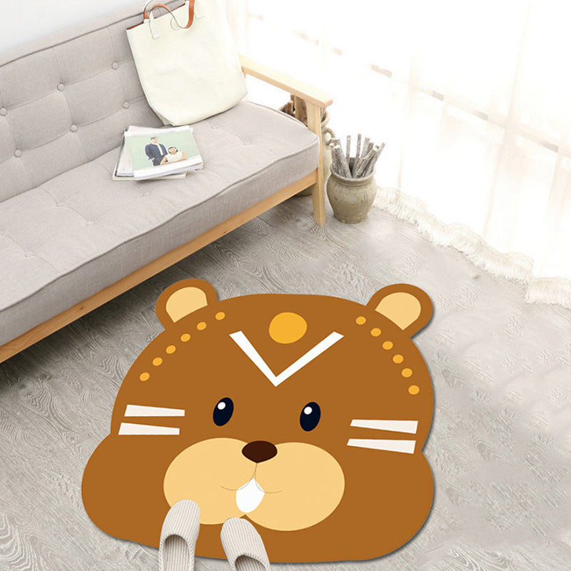 Cute Cartoon Animal Pattern Rug Brown and Yellow Kids Rug Polyester Washable Pet Friendly Anti-Slip Carpet for Children's Room