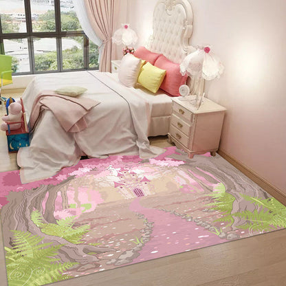 Pink and Blue Kids Rug Polyester Forest and City Pattern Rug Pet Friendly Washable Anti-Slip Backing Carpet for Decoration - Pink - Clearhalo - 'Area Rug' - 'Rug' - 1716956