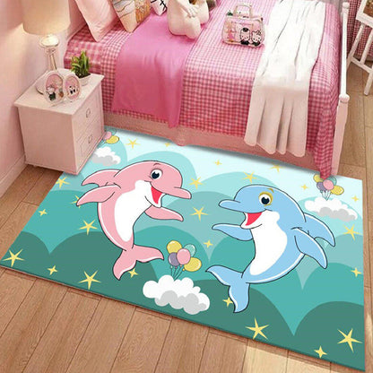 Kids Cartoon Dolphin Pattern Rug with Star Green and Blue Polyester Rug Washable Pet Friendly Non-Slip Area Rug for Child's Bedroom - Green - Clearhalo - 'Area Rug' - 'Rug' - 1716965