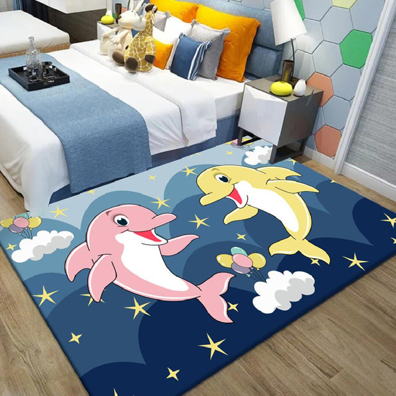 Kids Cartoon Dolphin Pattern Rug with Star Green and Blue Polyester Rug Washable Pet Friendly Non-Slip Area Rug for Child's Bedroom - Dark Blue - Clearhalo - 'Area Rug' - 'Rug' - 1716971