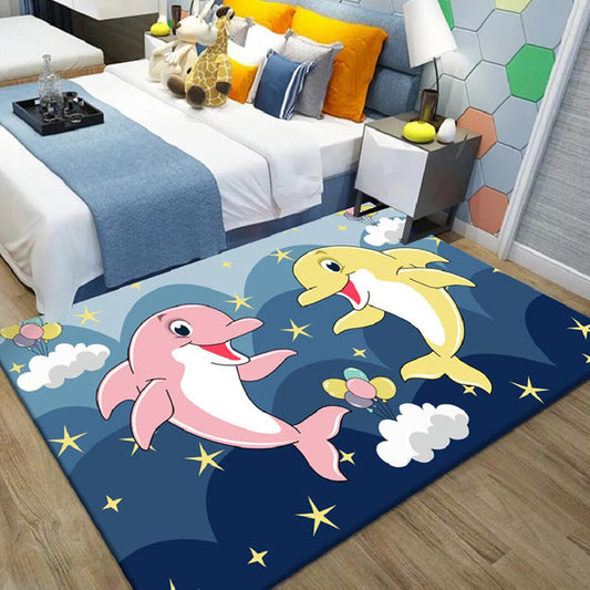 Kids Cartoon Dolphin Pattern Rug with Star Green and Blue Polyester Rug Washable Pet Friendly Non-Slip Area Rug for Child's Bedroom - Dark Blue - Clearhalo - 'Area Rug' - 'Rug' - 1716971