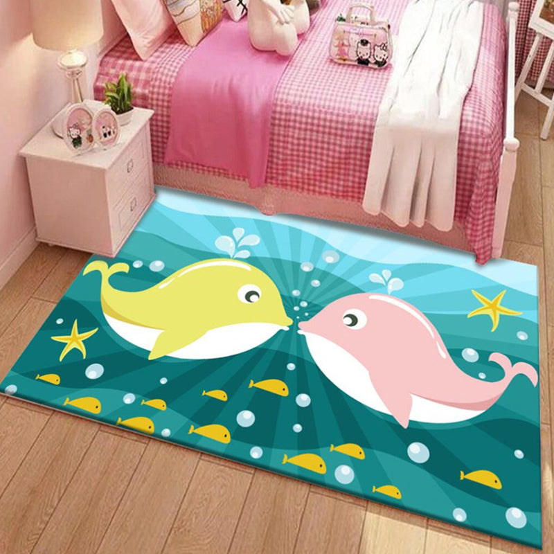 Kids Cartoon Dolphin Pattern Rug with Star Green and Blue Polyester Rug Washable Pet Friendly Non-Slip Area Rug for Child's Bedroom - Dark Green - Clearhalo - 'Area Rug' - 'Rug' - 1716973