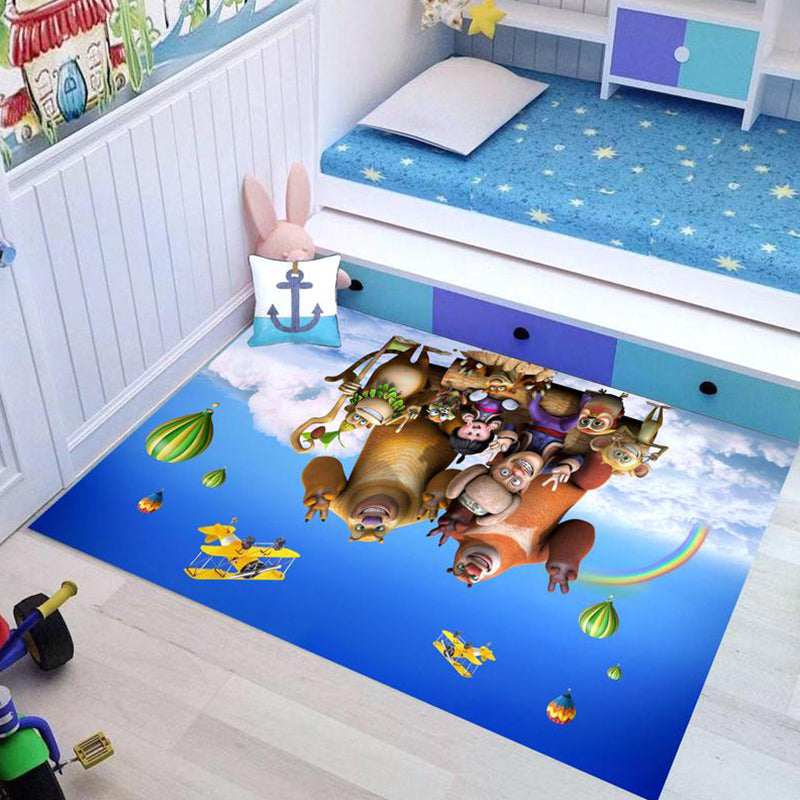 Kids Cartoon Character Pattern Rug Pink and Blue Polyester Rug Washable Pet Friendly Non-Slip Area Rug for Child's Bedroom - Blue - Clearhalo - 'Area Rug' - 'Rug' - 1717003