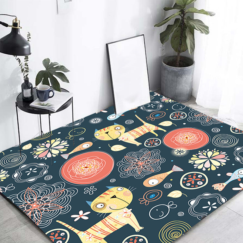 Dark Black Kids Rug Polyester Animal and Floral Pattern Rug Pet Friendly Washable Anti-Slip Backing Carpet for Decoration