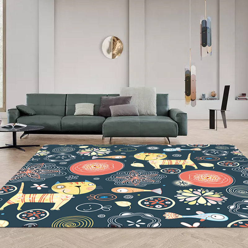 Dark Black Kids Rug Polyester Animal and Floral Pattern Rug Pet Friendly Washable Anti-Slip Backing Carpet for Decoration