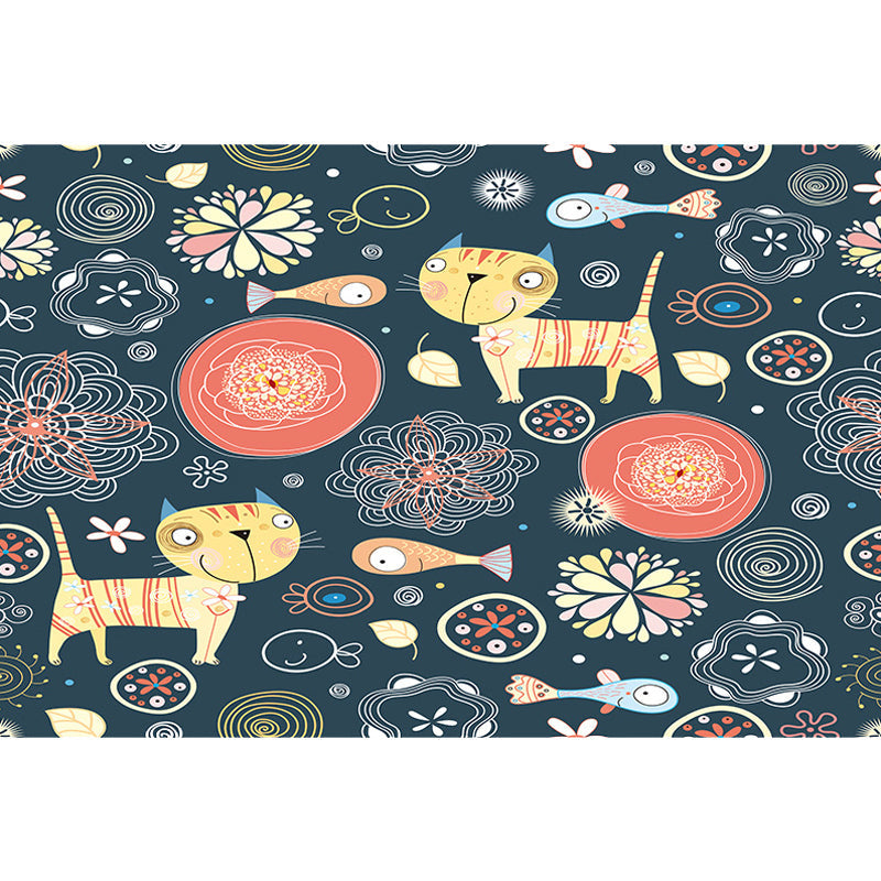 Dark Black Kids Rug Polyester Animal and Floral Pattern Rug Pet Friendly Washable Anti-Slip Backing Carpet for Decoration